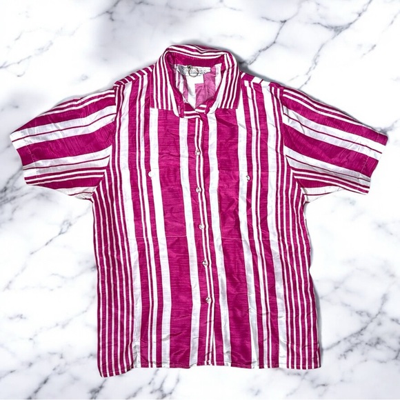 Vintage 80s Pink & White Striped Short Sleeve Button-Up Beachy Retro Blouse - Picture 9 of 9